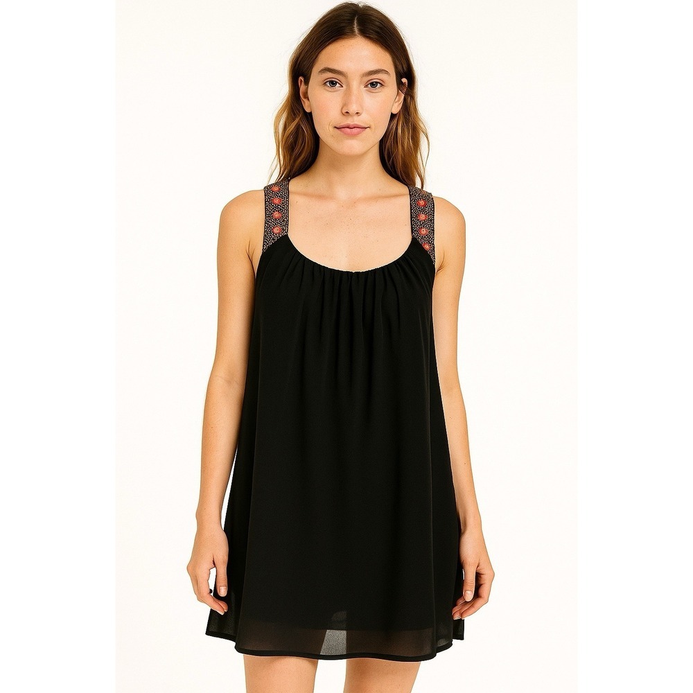 FOREVER 21 Womens Small S Black Dress Sheer Layered High Neck Pleated Beads Neck